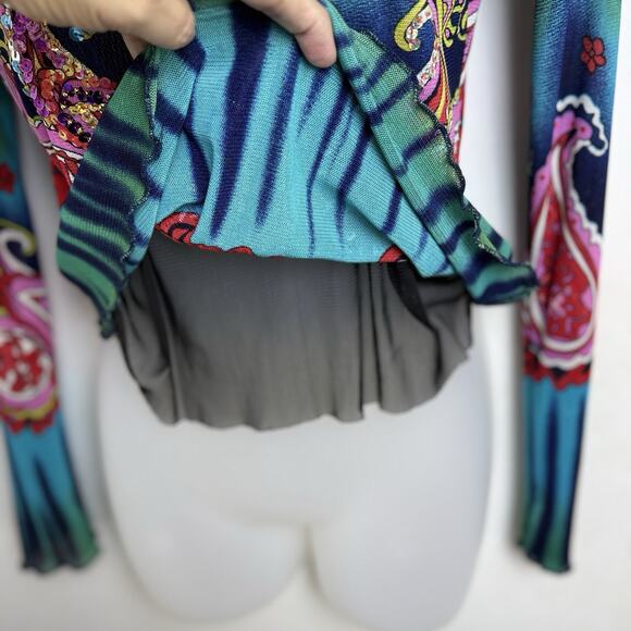 Boston Proper Womens Top Med Sheer Colorful Beaded Paisley Long Sleeve Festival - Picture 6 of 10